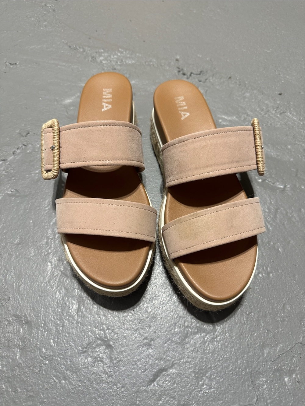 MIA Nude/Tan Double-Strap Slide Sandals with Buckle Accent